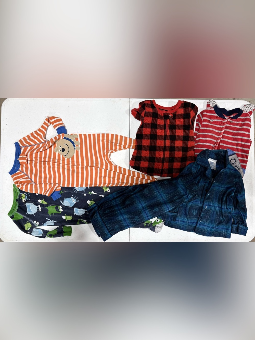 6 piece baby boy pajama bundle; 12 months; fall, winter, spring